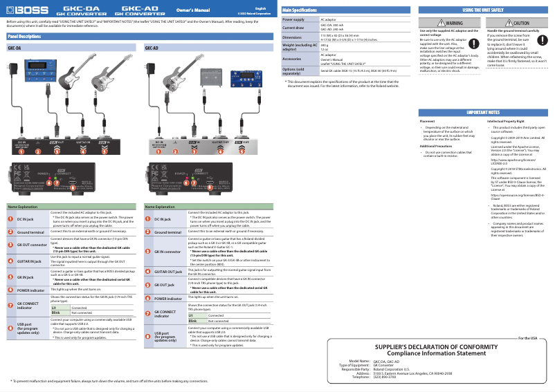 Page n°1 - Manuel utilisateur Boss GKC-AD