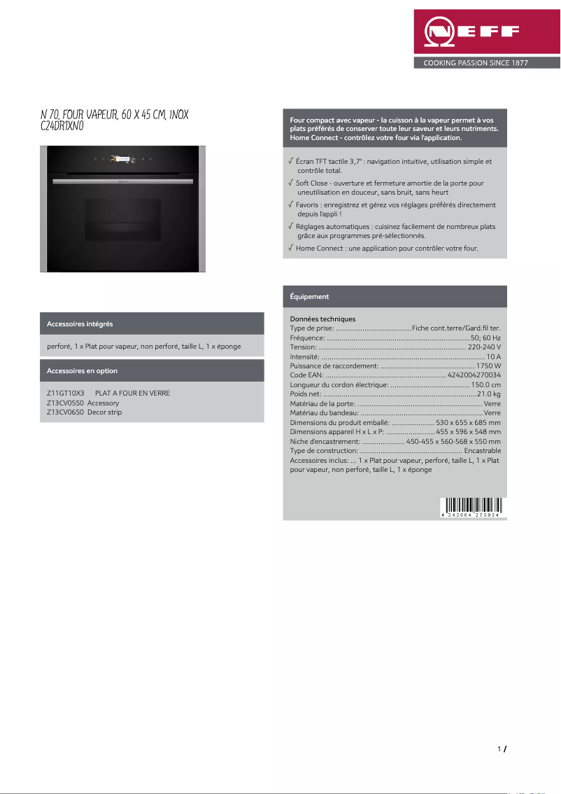 Page 1 of the manual Technical Sheet Neff C24DR1XN0