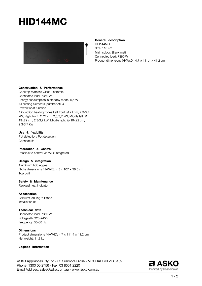 Page n°1 - Fiche technique Asko HID144MC