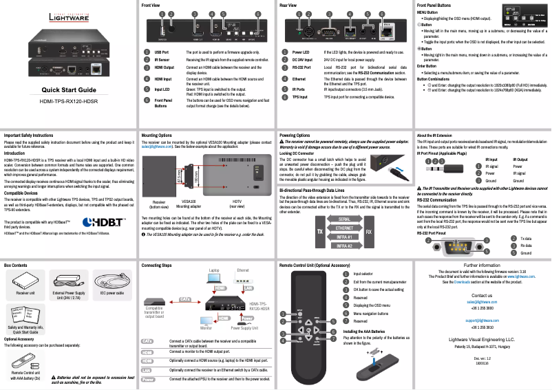 Image de la première page du manuel de l'appareil HDMI-TPS-RX120-HDSR