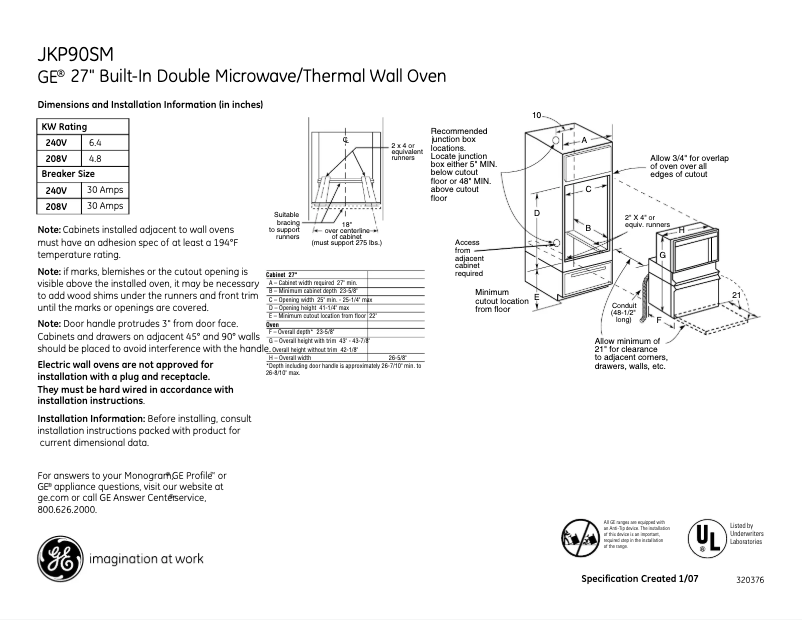 Page 1 de la notice Fiche technique GE JKP90SMSS