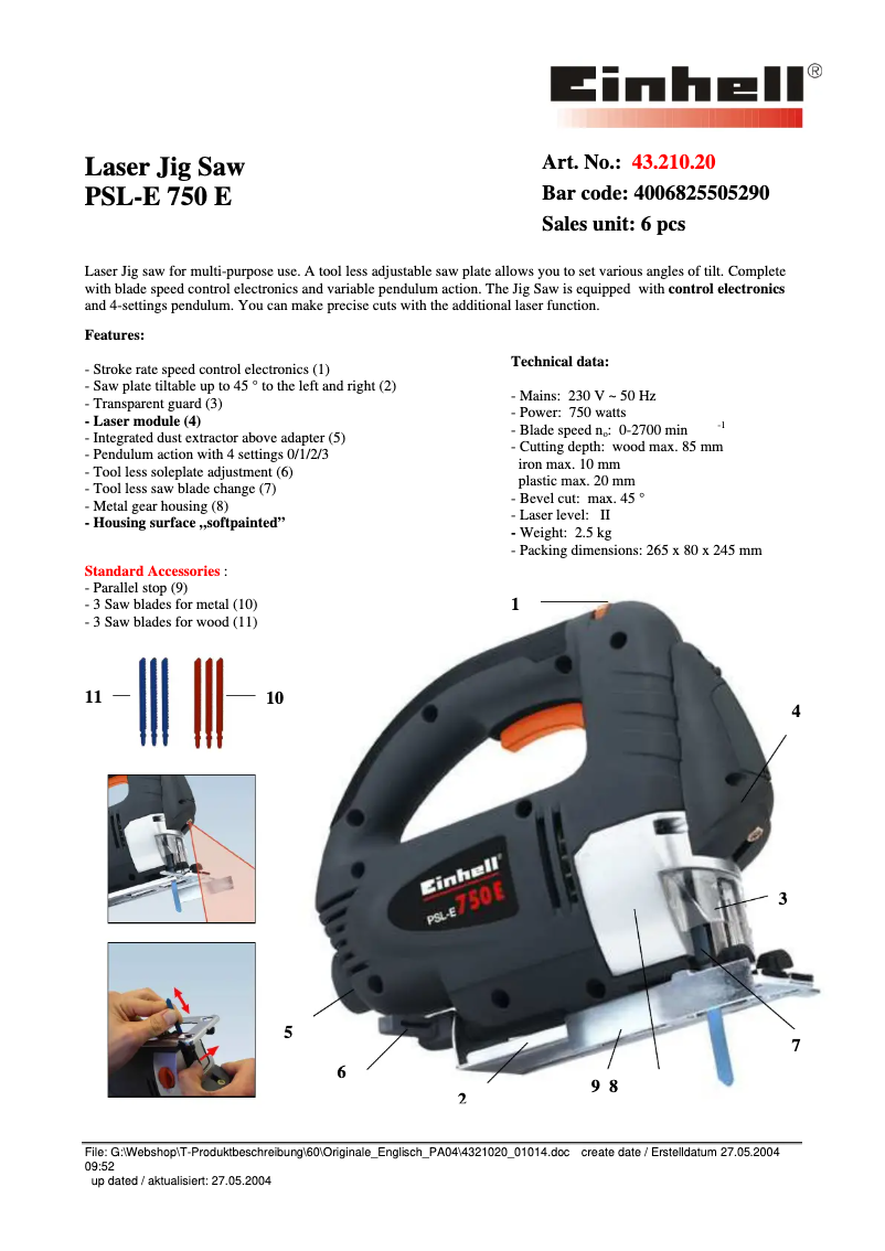 Page 1 de la notice Fiche technique Einhell PSL-E 750 E