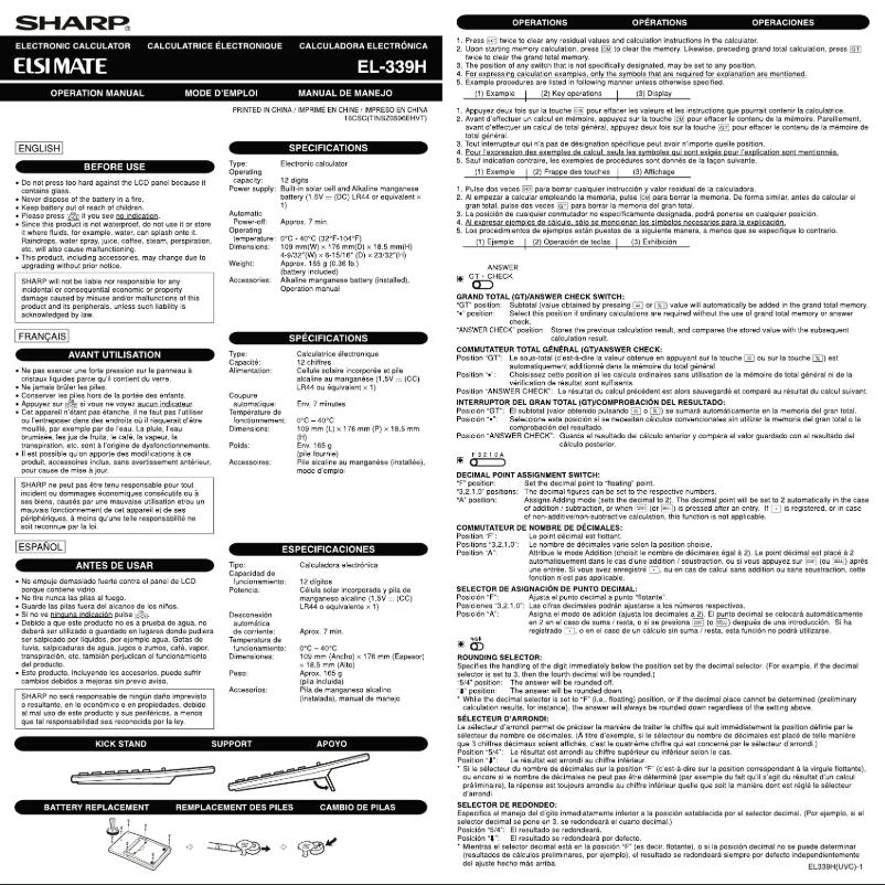 Page n°1 - Manuel utilisateur Sharp EL-339H