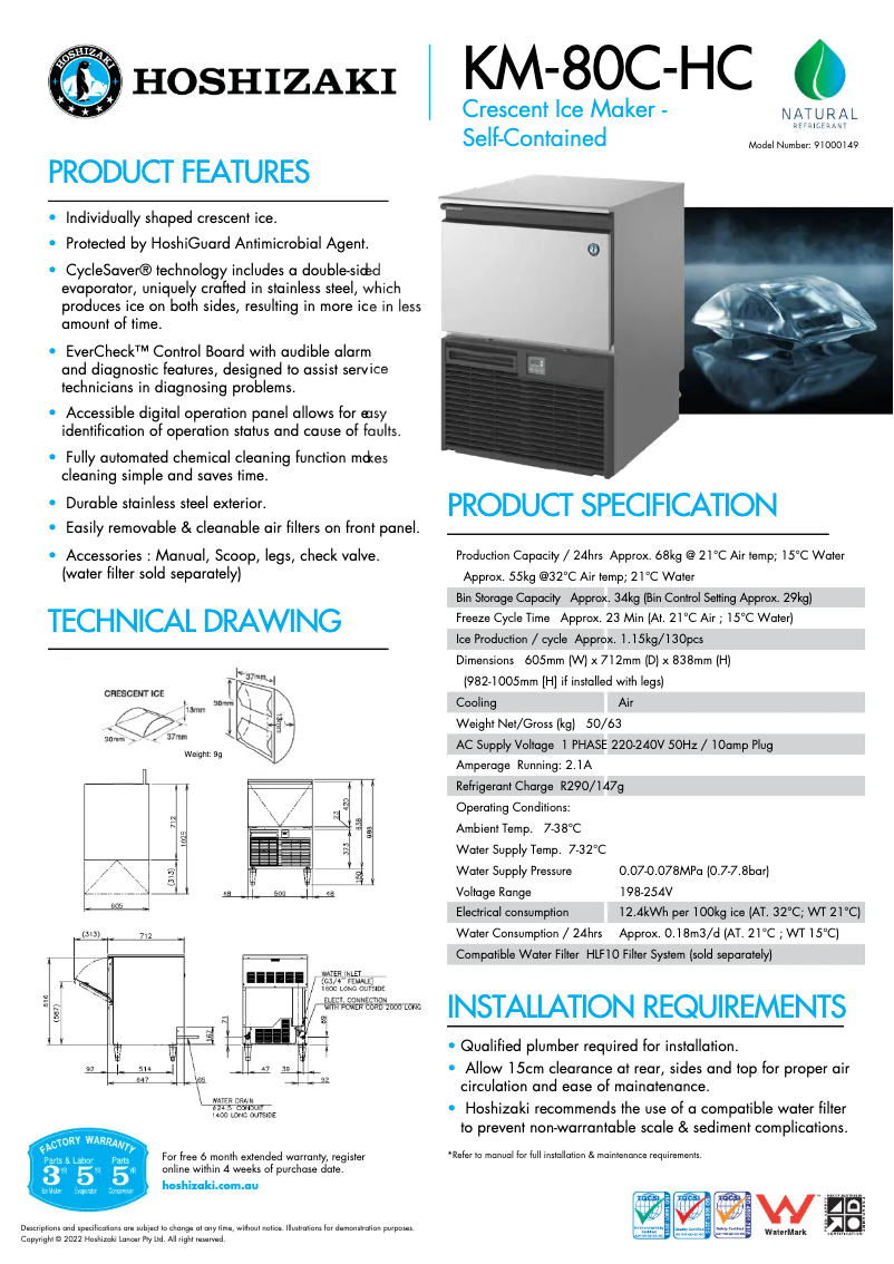 Page 1 de la notice Fiche technique Hoshizaki KM-80C-HC