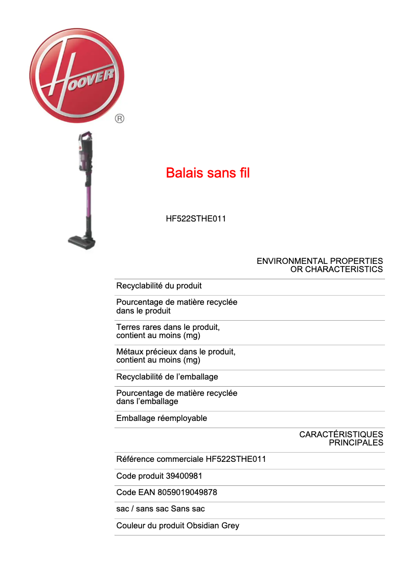 Page 1 de la notice Fiche technique Hoover H-FREE 500 HF522STHE011