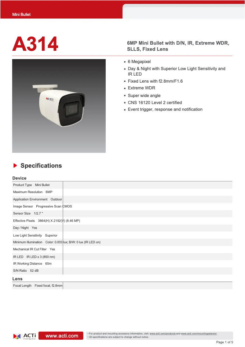 Page n°1 - Fiche technique ACTi A314