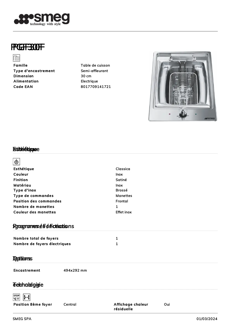Page n°1 - Fiche technique Smeg PGF30F