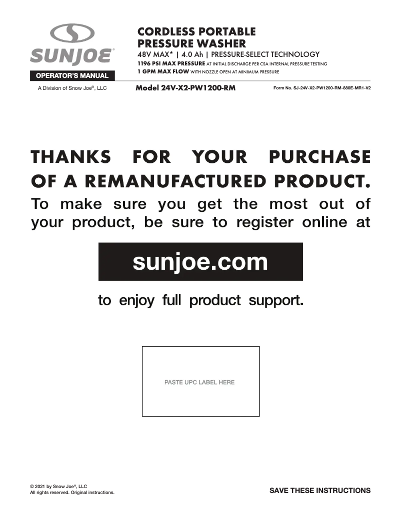 Page n°1 - Manuel utilisateur Sun Joe 24V-X2-PW1200-RM