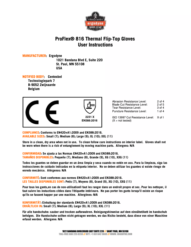 Page 1 de la notice Manuel utilisateur Ergodyne ProFlex 816