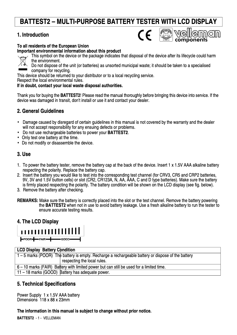 Page 1 de la notice Manuel utilisateur Velleman BATTEST 2