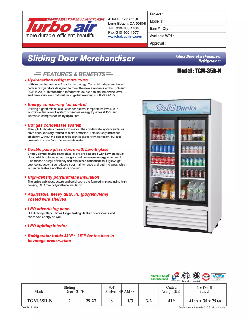 Página 1 del manual Ficha técnica Turbo air TGM-35R