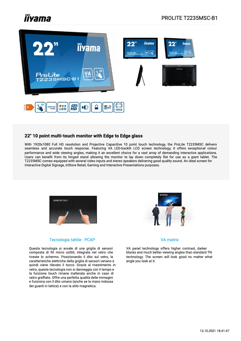 Page 1 de la notice Fiche technique Iiyama ProLite T2235MSC