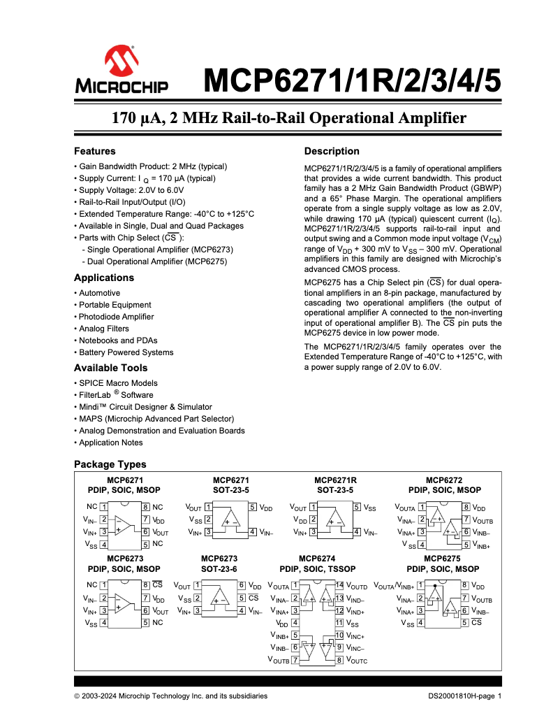 Page 1 de la notice Fiche technique Microchip MCP6271