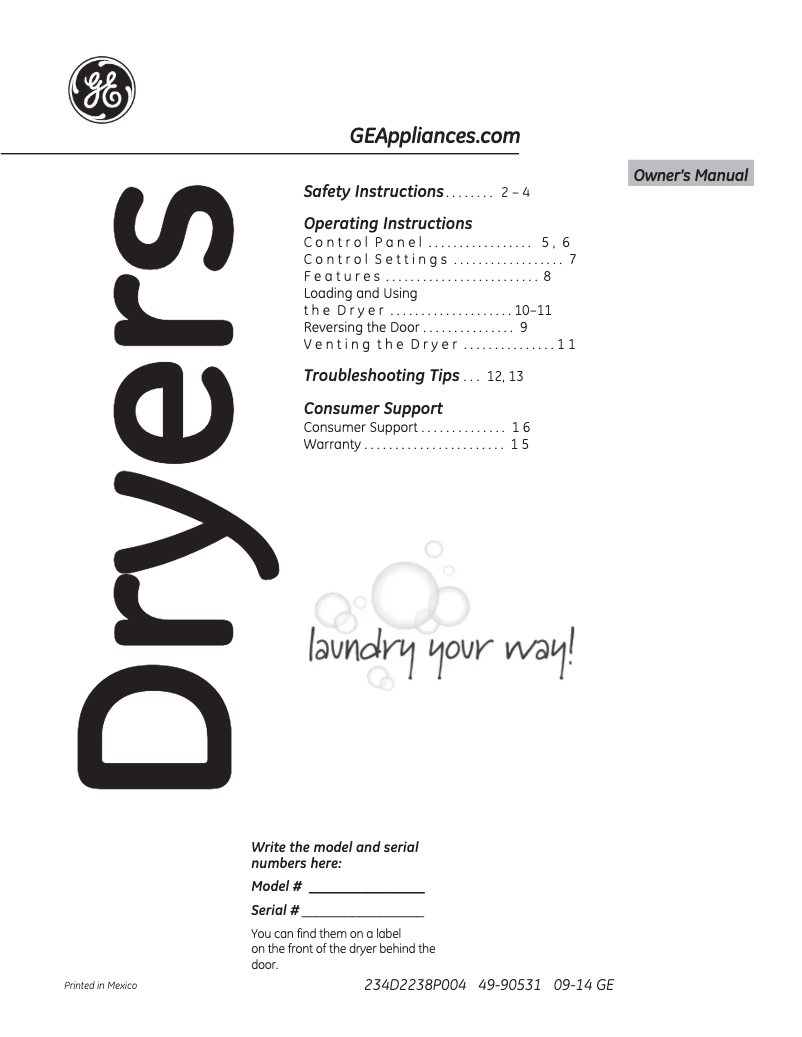 Page n°1 - Manuel d'utilisation et d'entretien GE GTD18GSSJWW