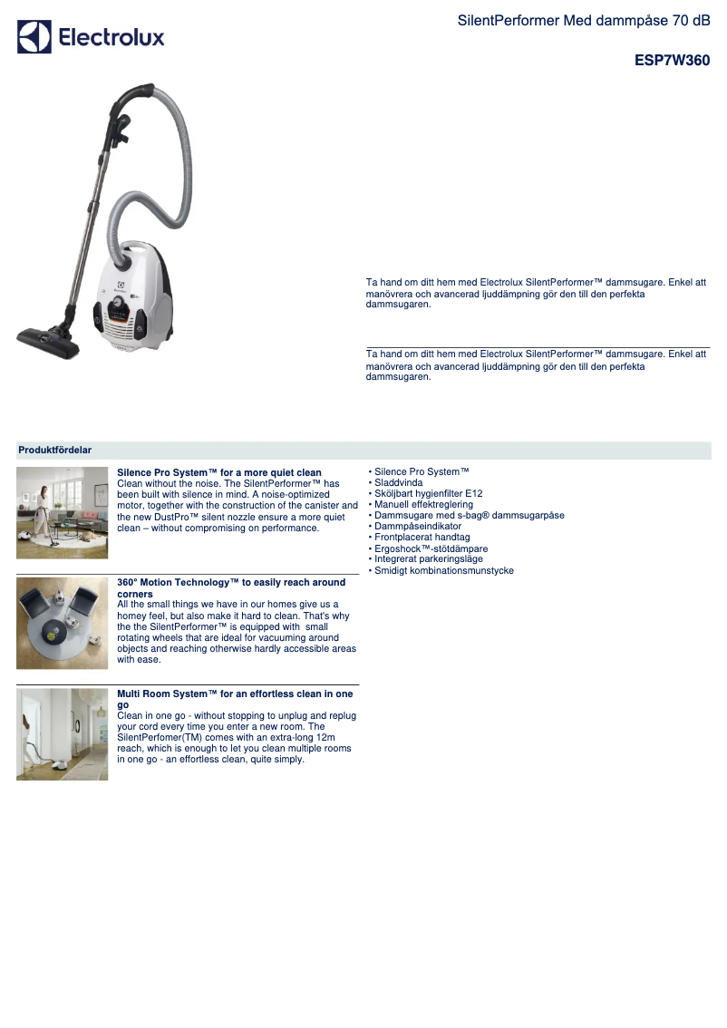 Page 1 de la notice Fiche technique Electrolux ESP7W360