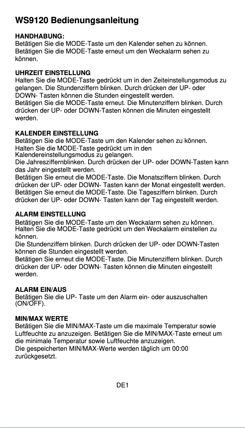 Page 1 de la notice Manuel utilisateur Techno Line WS 9120