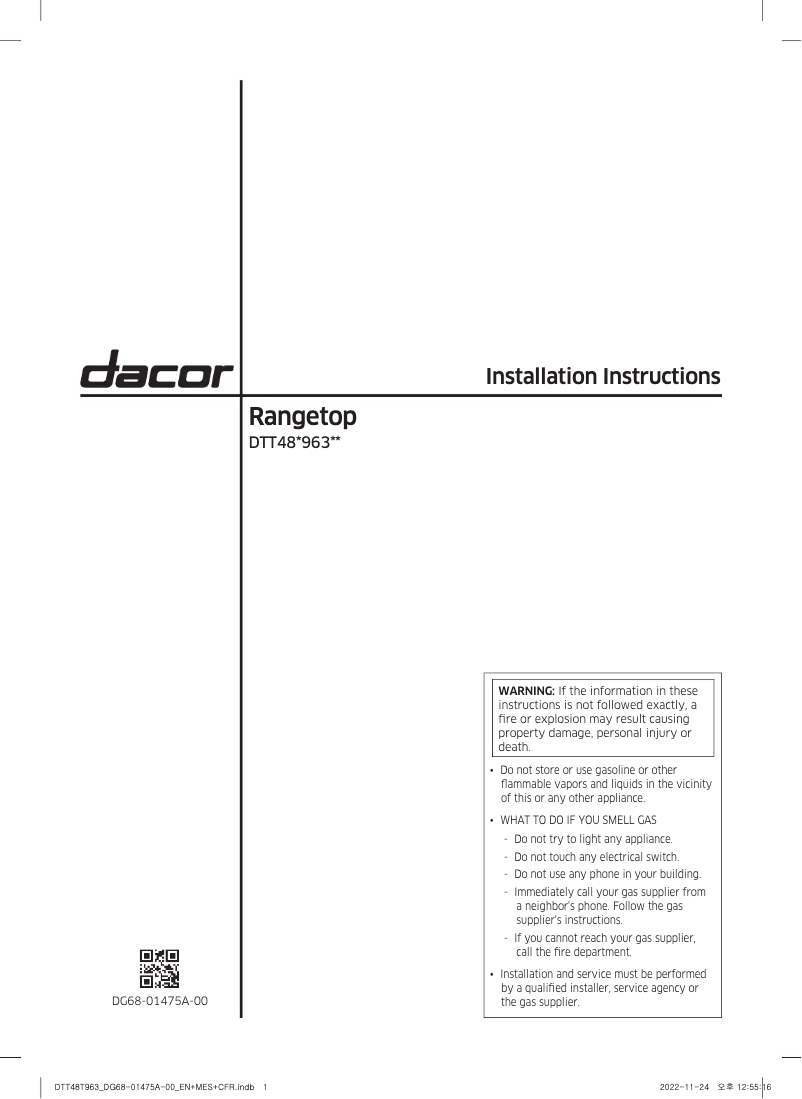 Page n°1 - Guide d'installation Dacor DTT48T963GM