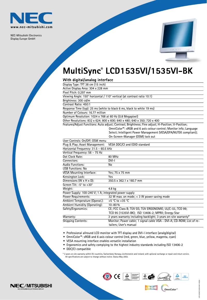 Página 1 del manual Ficha técnica NEC MultiSync LCD1535VIBK