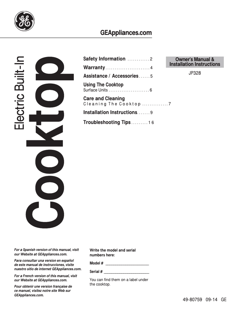 Page 1 de la notice Mode d'emploi GE JP328CKCC