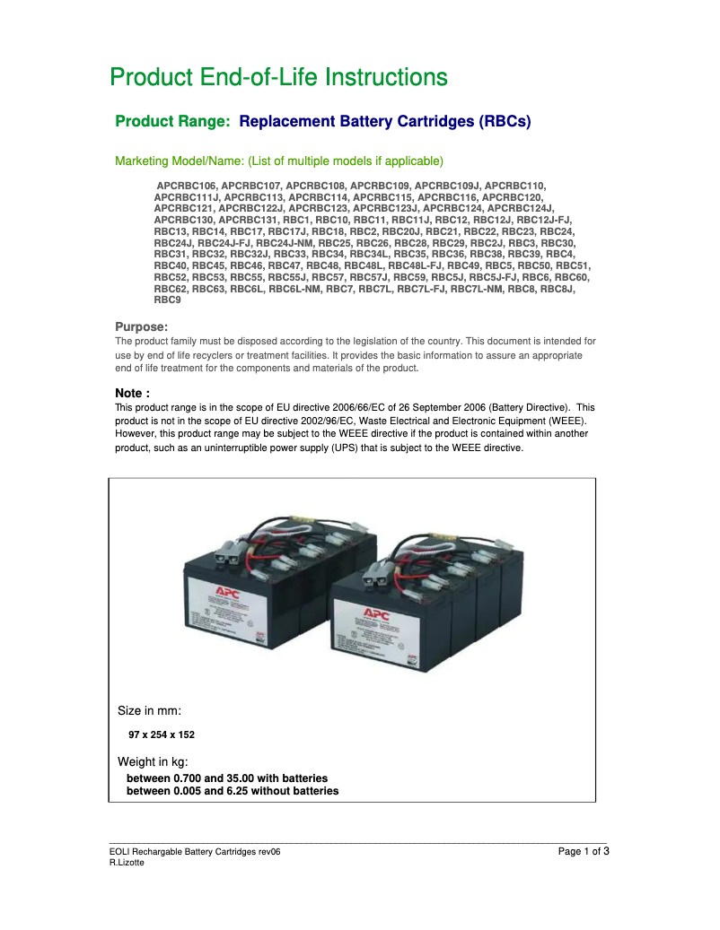 Page 1 de la notice Manuel utilisateur APC APCRBC107