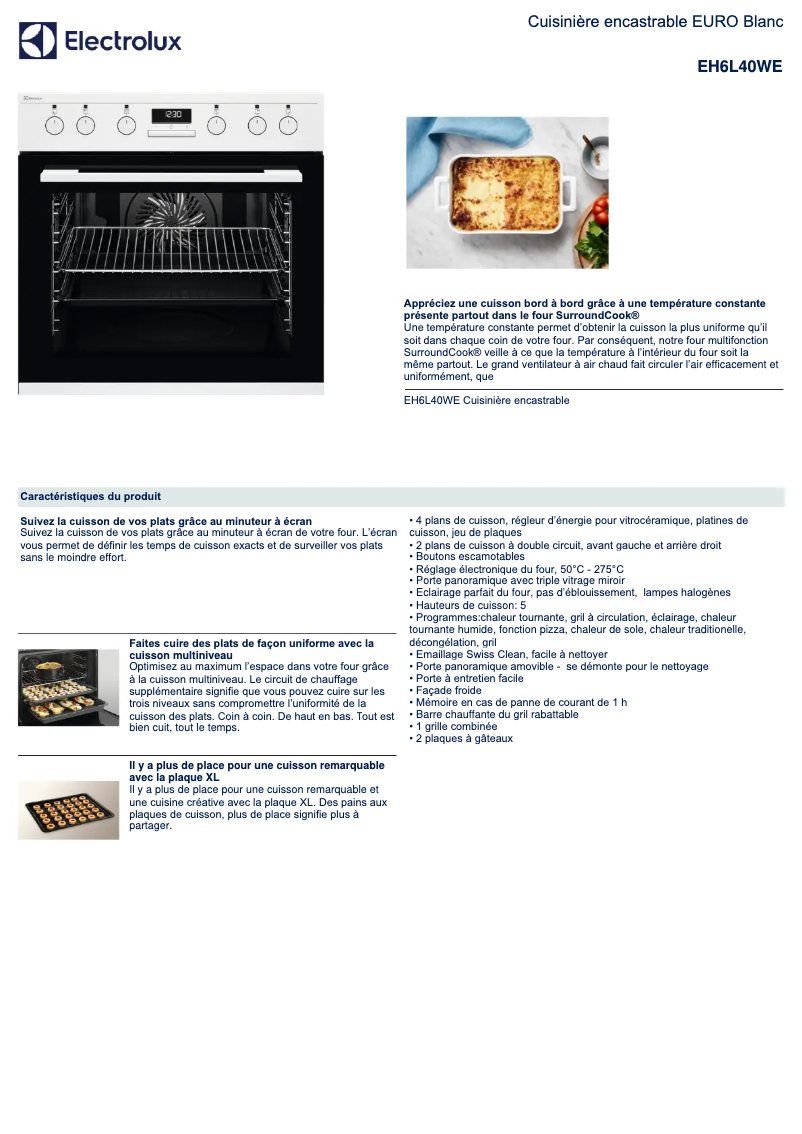 Page 1 de la notice Fiche technique Electrolux EH6L40WE