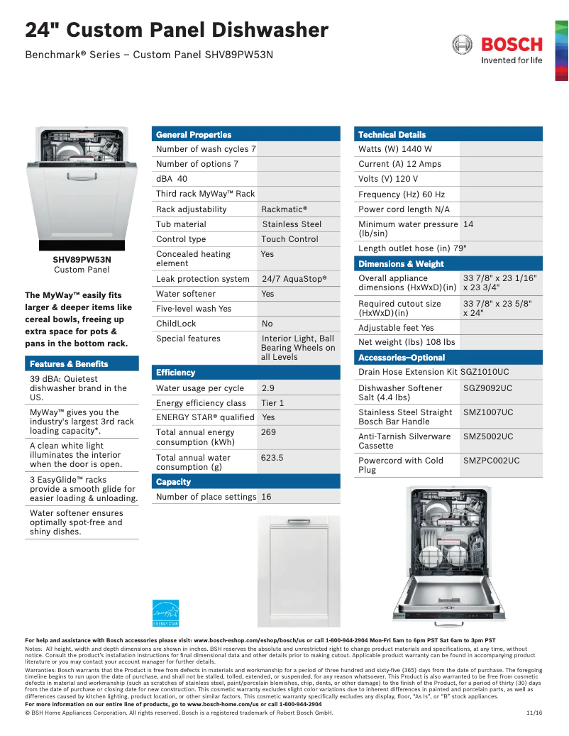 Página 1 del manual Ficha técnica Bosch SHV89PW73N