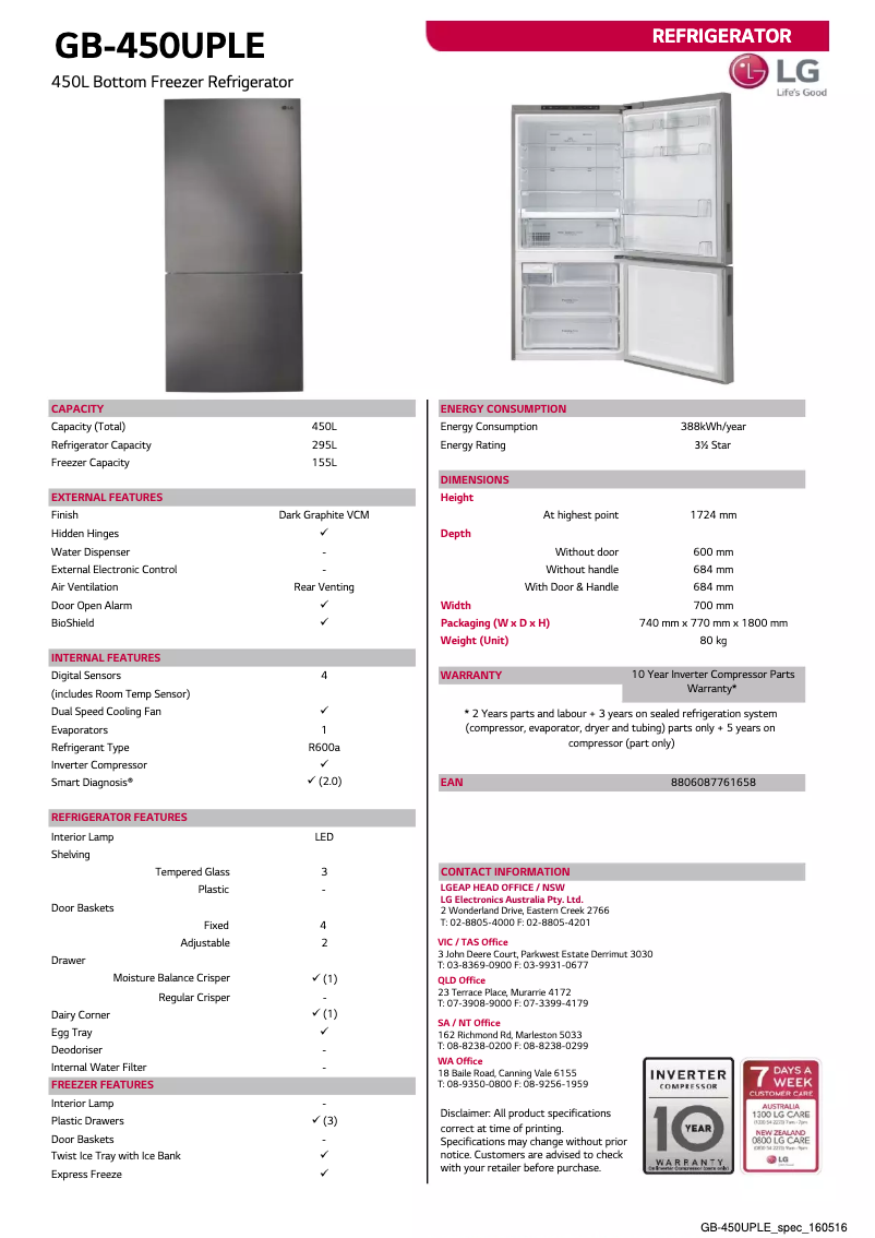 Page 1 de la notice Fiche technique LG GB-450UPLE