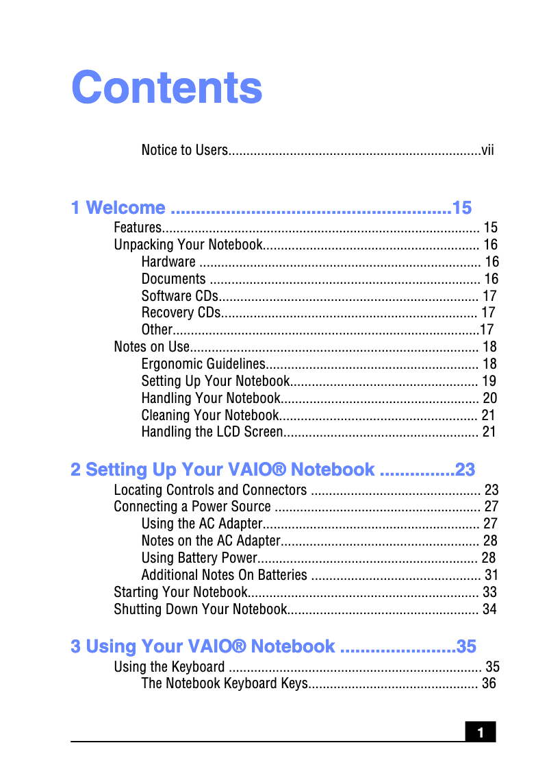 Page 1 de la notice Manuel utilisateur Sony Vaio PCG-R505TL