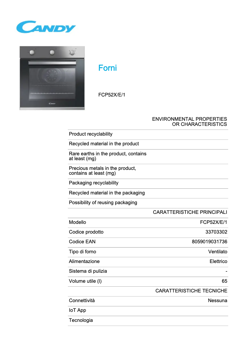 Page 1 de la notice Fiche technique Candy FCP52X/E/1