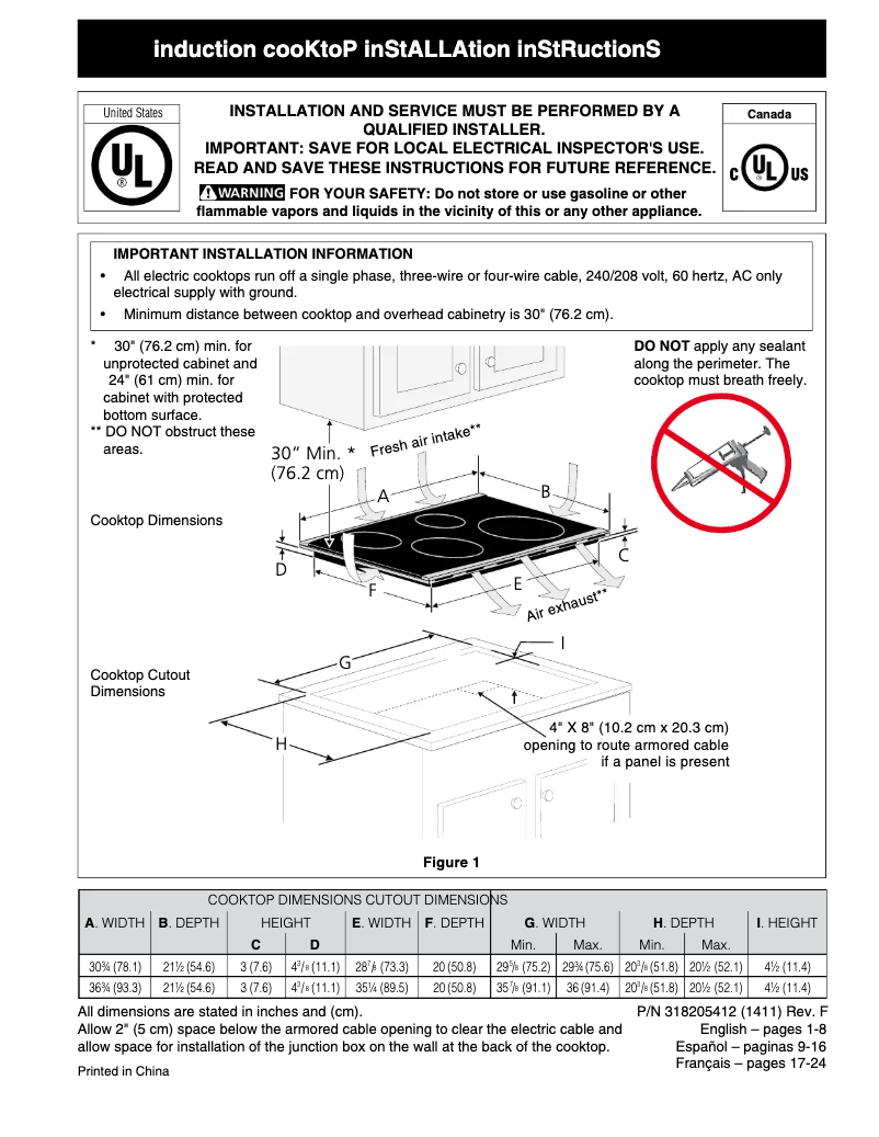 Page 1 de la notice Guide d'installation Frigidaire FPIC3095MS