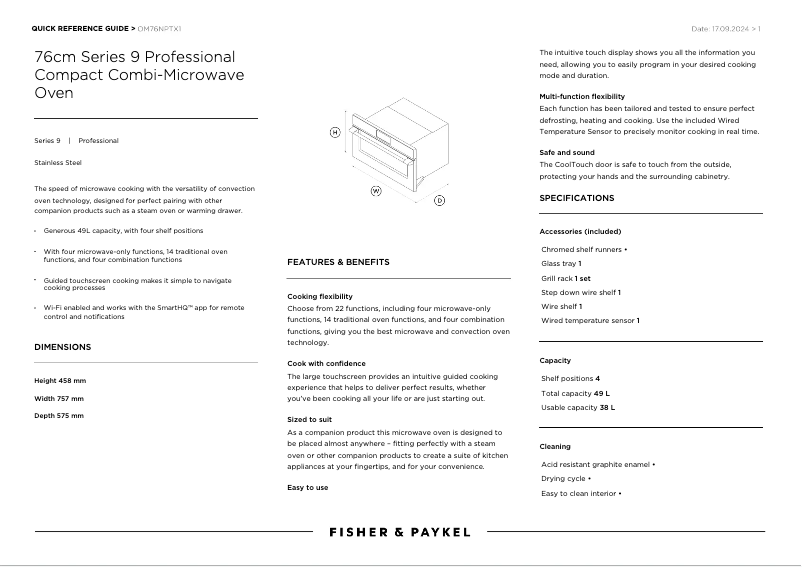Page 1 de la notice Fiche technique Fisher & Paykel OM76NPTX1