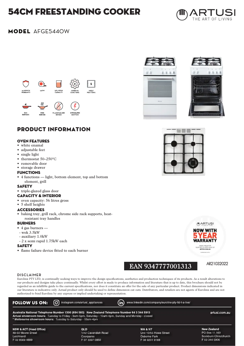 Page 1 de la notice Fiche technique Artusi AFGE5440W