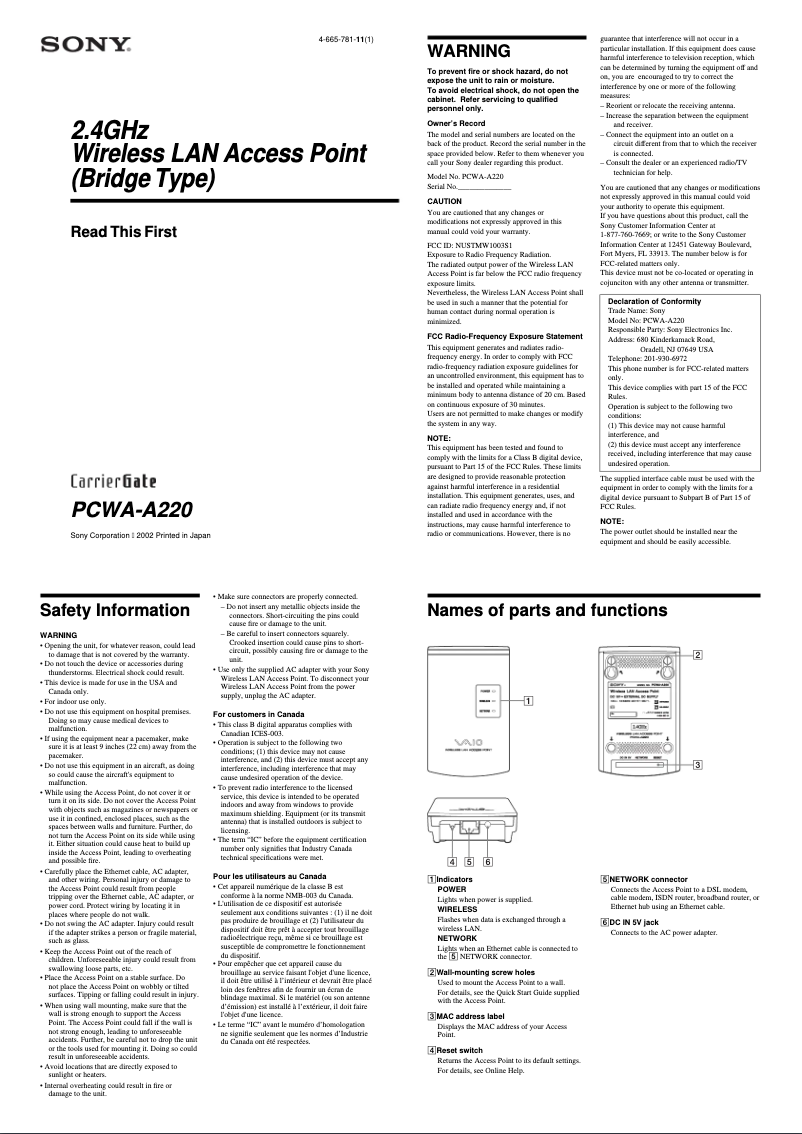 Page 1 de la notice Guide d'installation Sony PCWA-A220