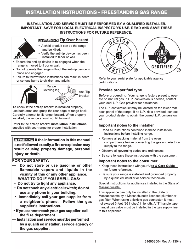 Page n°1 - Guide d'installation Frigidaire FFGF3054TD