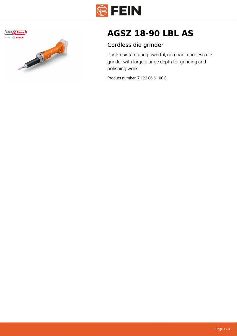 Page 1 de la notice Fiche technique Fein AGSZ 18-90 LBL AS