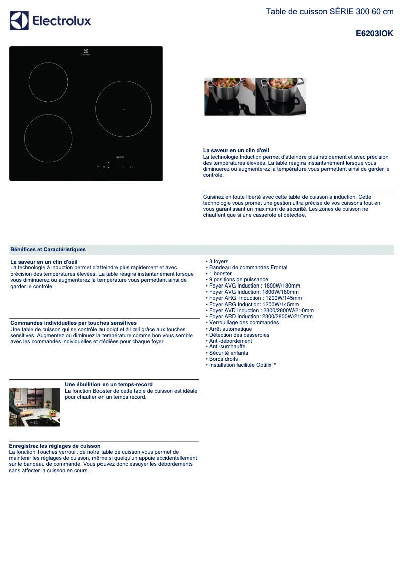 Page 1 de la notice Fiche technique Electrolux E6203IOK