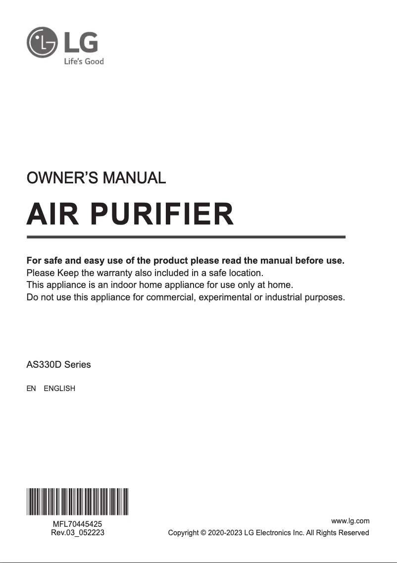 Image de la première page du manuel de l'appareil PuriCare 360 AS330DWR0