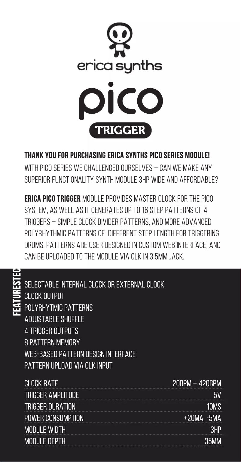 Page 1 de la notice Manuel utilisateur Erica Synths Pico Trigger