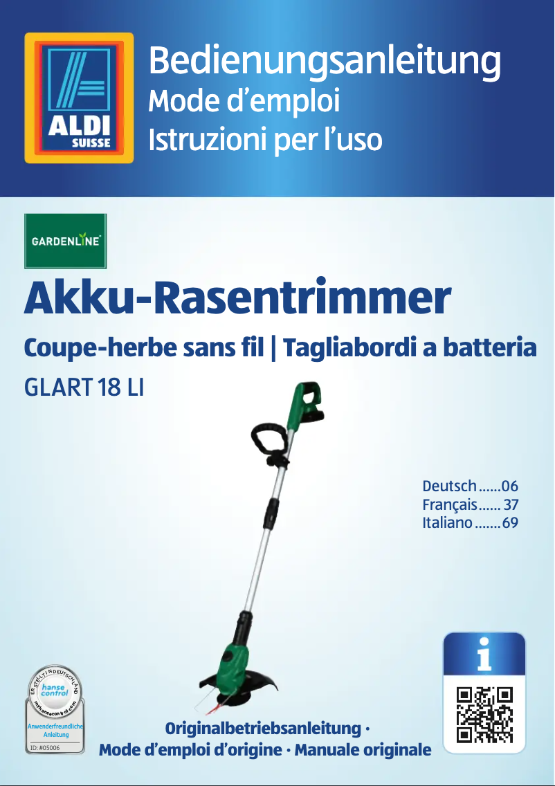 Page n°1 - Manuel utilisateur Gardenline GLART 18 Li