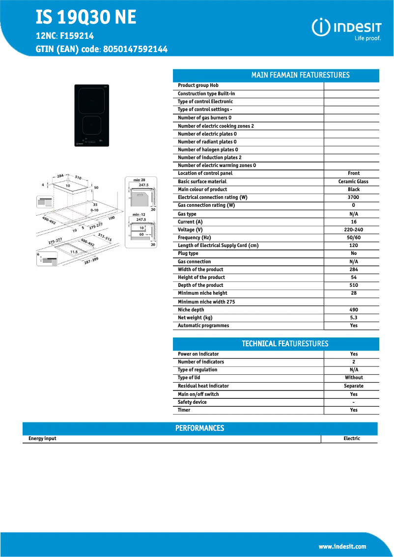 Page 1 de la notice Fiche technique Indesit IS 19Q30 NE