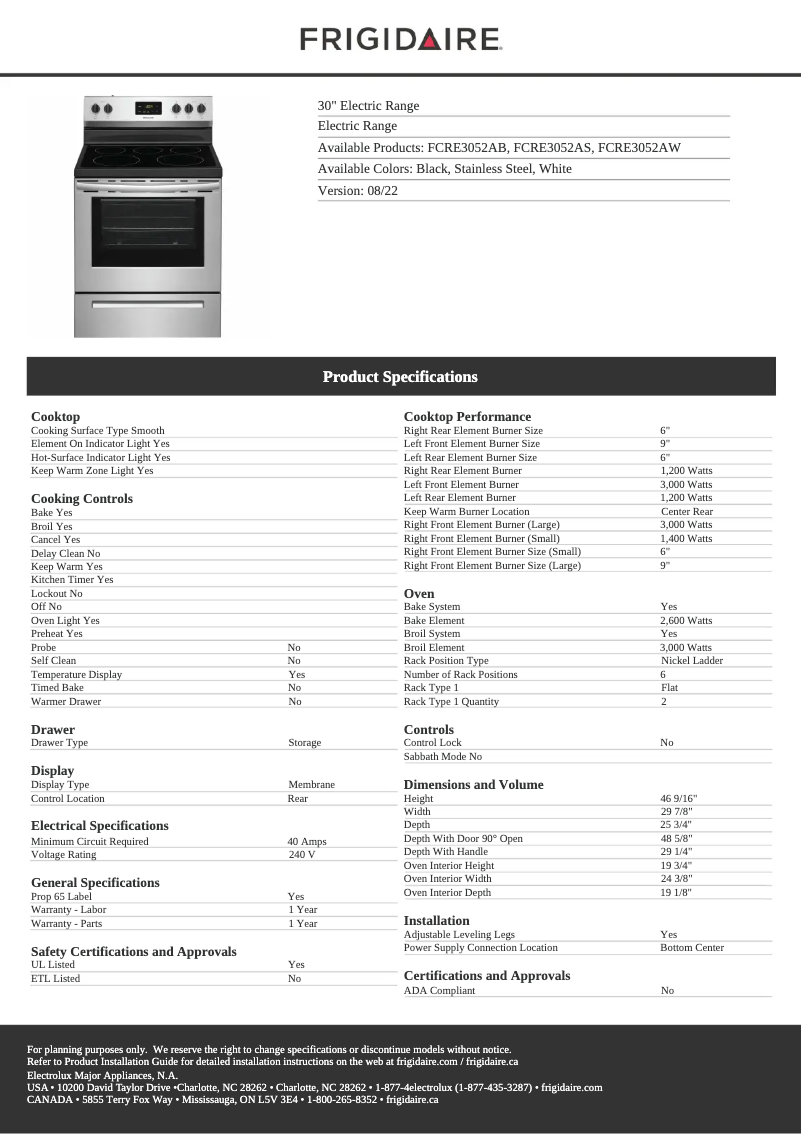 Page 1 de la notice Fiche technique Frigidaire FCRE3052AW