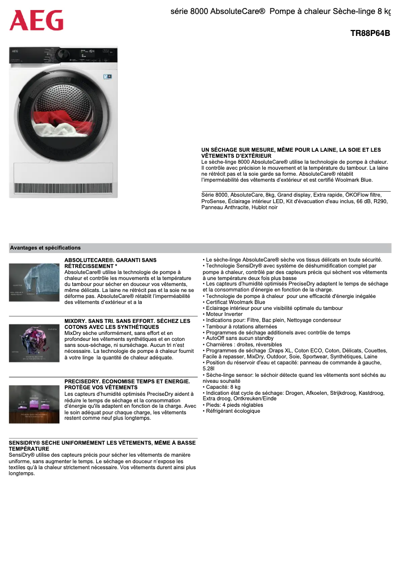 Página 1 del manual Ficha técnica AEG TR88P64B
