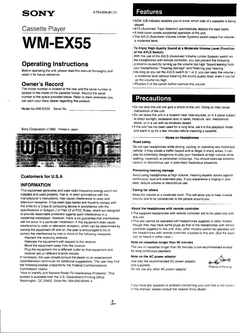 Page n°1 - Manuel utilisateur Sony Walkman WM-EX55