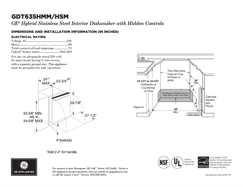 Page 1 of the manual Technical Sheet GE GDT635HSMSS