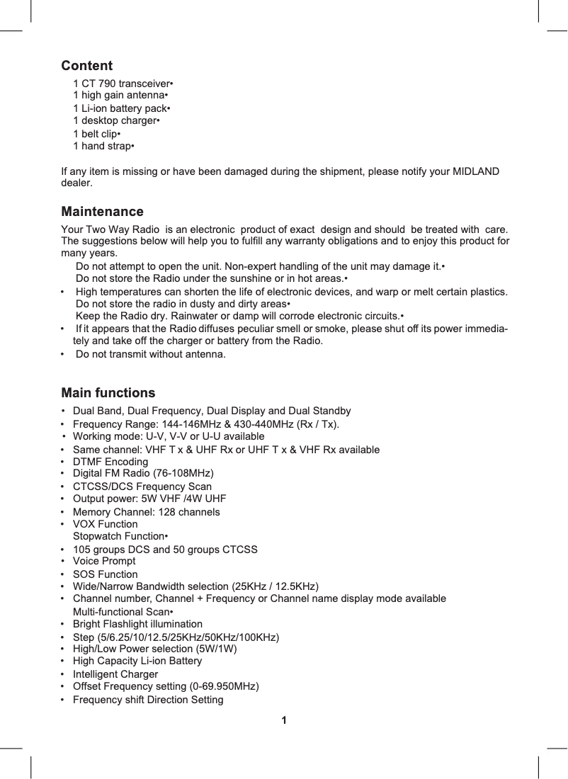 Page 1 de la notice Manuel utilisateur Midland CT790