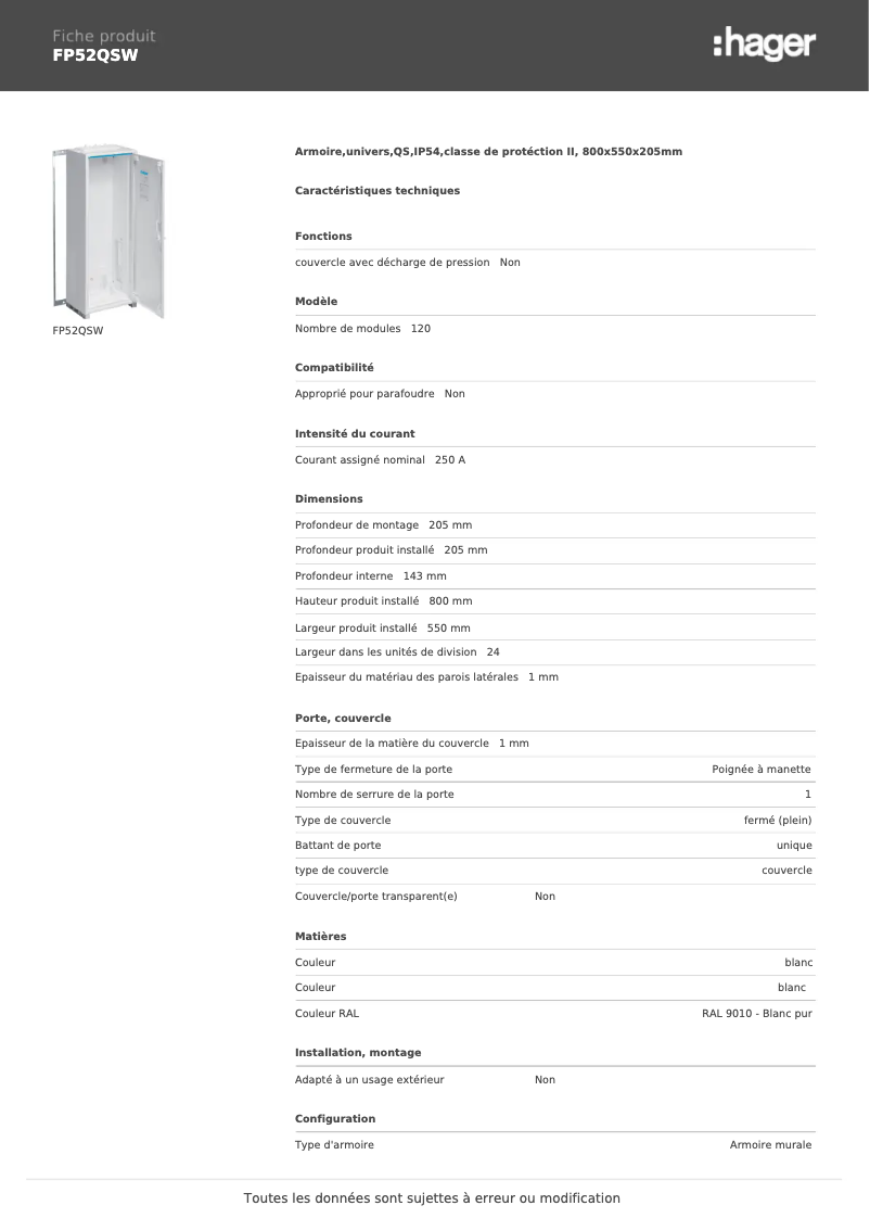 Page n°1 - Manuel utilisateur Hager FP52QSW