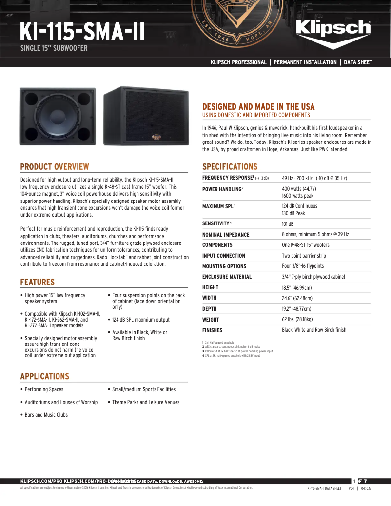 Page 1 de la notice Fiche technique Klipsch KI-115-SMA-II