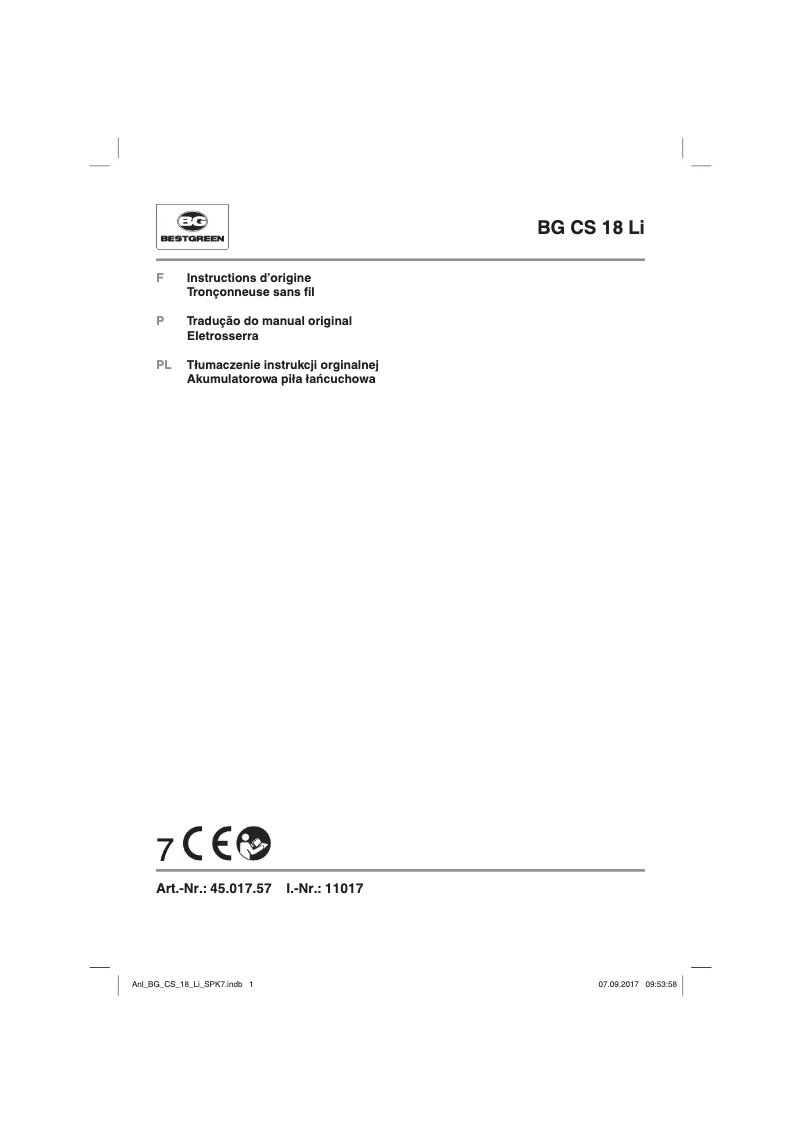 Page 1 de la notice Manuel utilisateur Bestgreen BG CS 18 Li