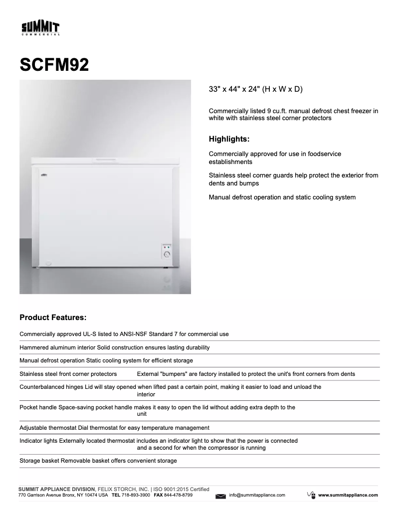 Page 1 de la notice Fiche technique Summit SCFM92