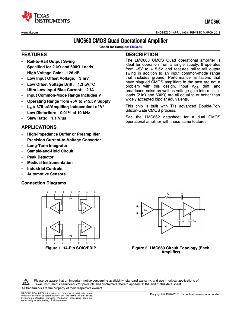 Page 1 de la notice Manuel utilisateur Texas Instruments LMC660CM/NOPB